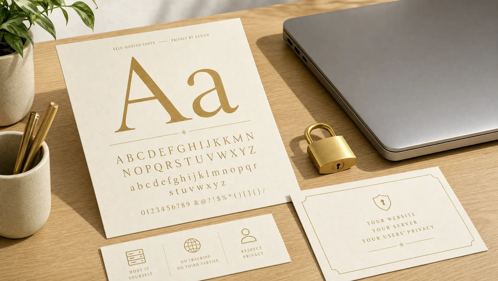 KI-generiertes Bild: Schriftmuster auf Papierkarten, daneben ein goldenes Vorhängeschloss und ein Laptop