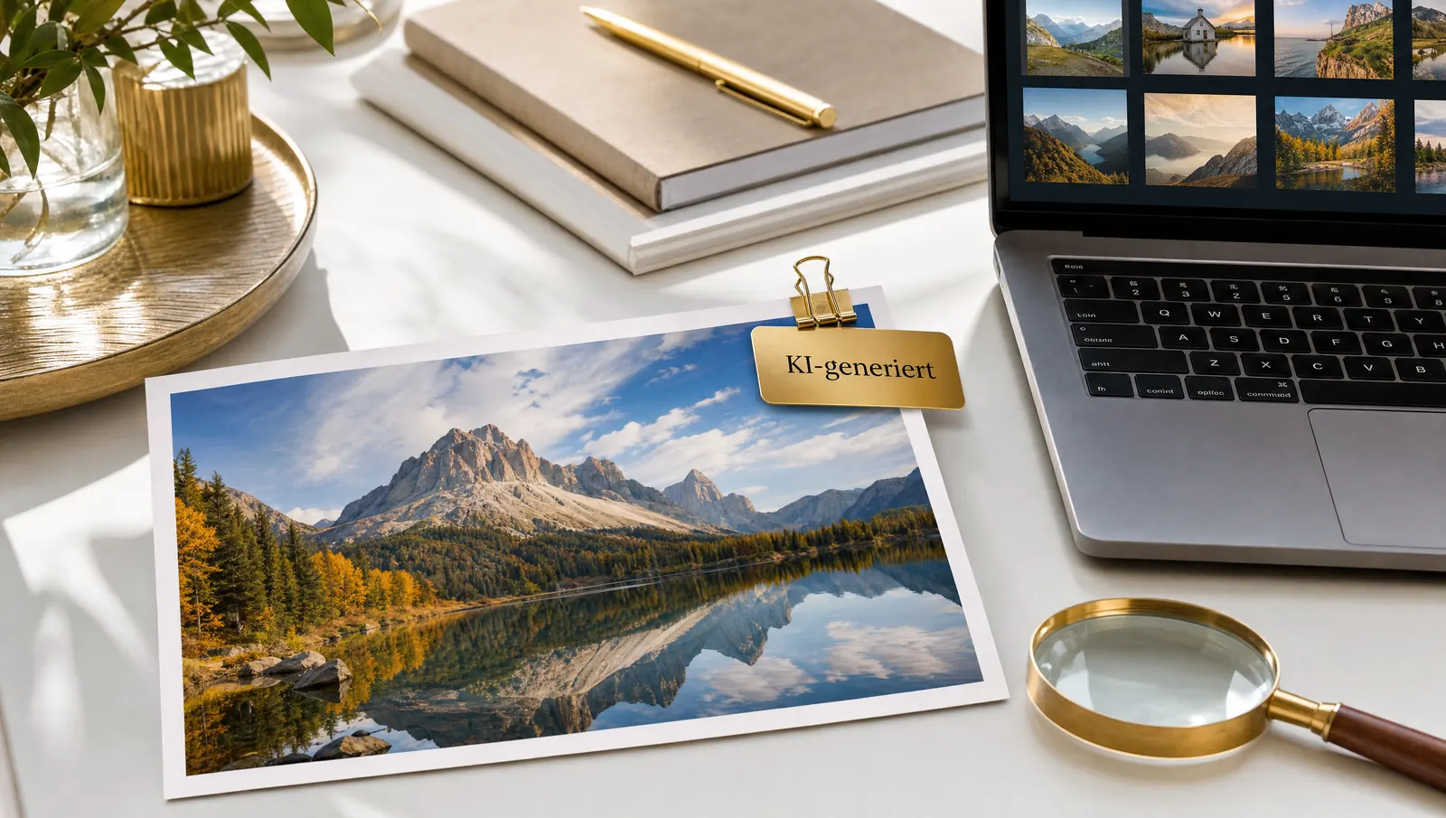 KI-generiertes Bild: Foto mit goldenem Anhänger „KI-generiert“ neben Laptop und Lupe