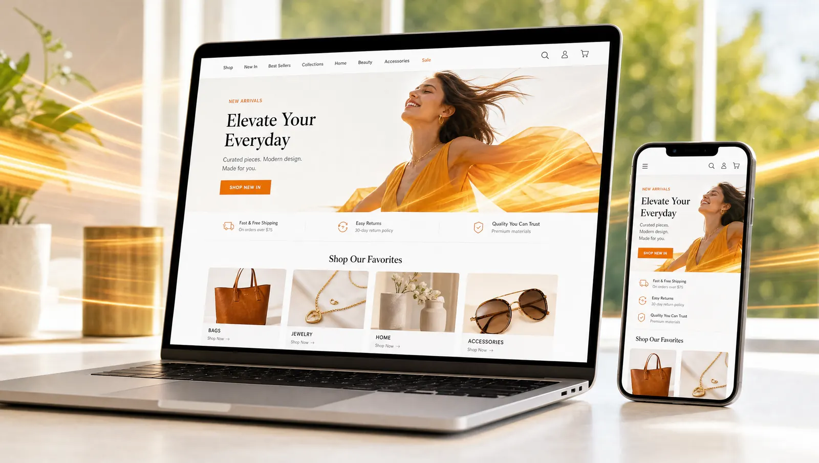 KI-generiertes Bild: Laptop und Smartphone mit einem schnellen, modernen Onlineshop