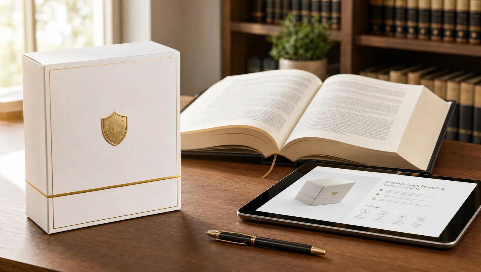 KI-generiertes Bild: verpacktes Produkt mit goldenem Siegel neben einem Gesetzbuch und einem Tablet