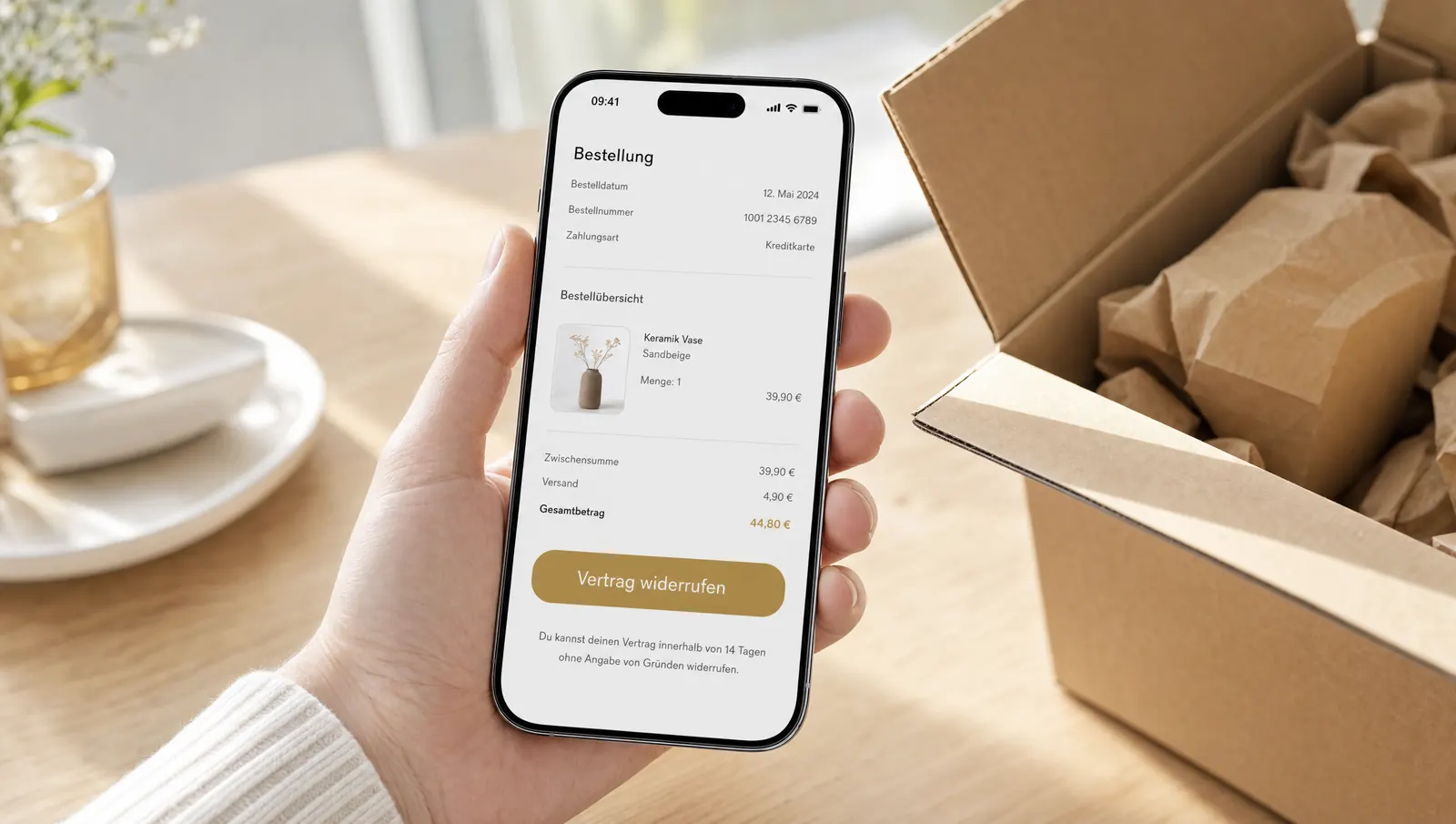 KI-generiertes Bild: Smartphone mit dem Knopf „Vertrag widerrufen“ in einem Onlineshop, daneben ein geöffnetes Paket