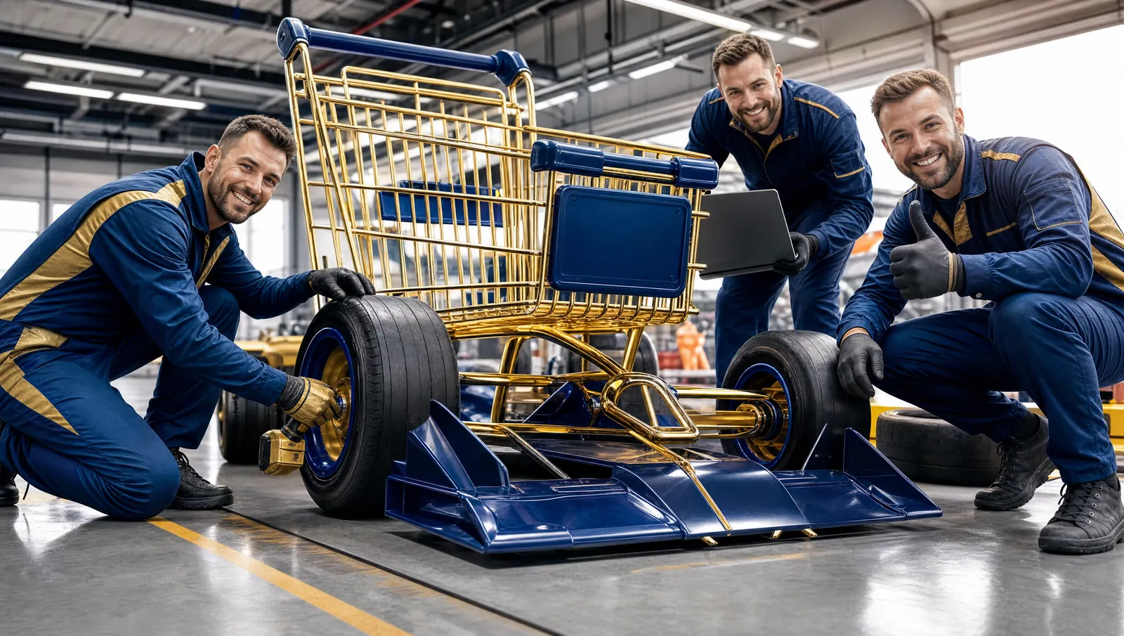 KI-generiertes Bild: eine Boxencrew in blauen Overalls wartet einen Einkaufswagen wie einen Rennwagen