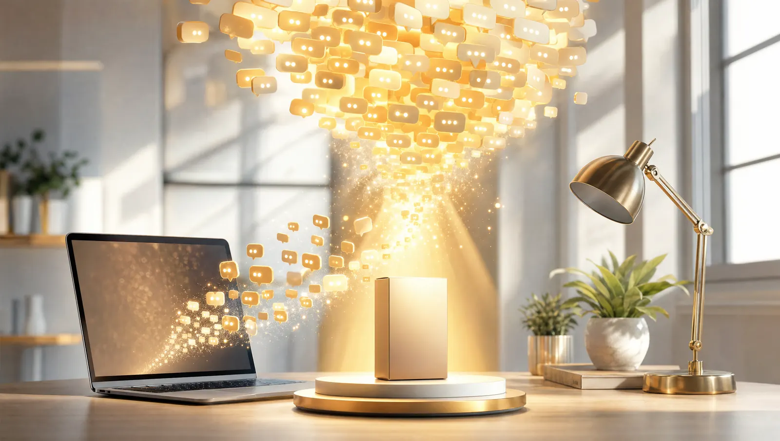 KI-generiertes Bild: Sprechblasen aus einem Laptop bilden einen goldenen Scheinwerfer, der auf ein Produkt auf einer kleinen Bühne fällt