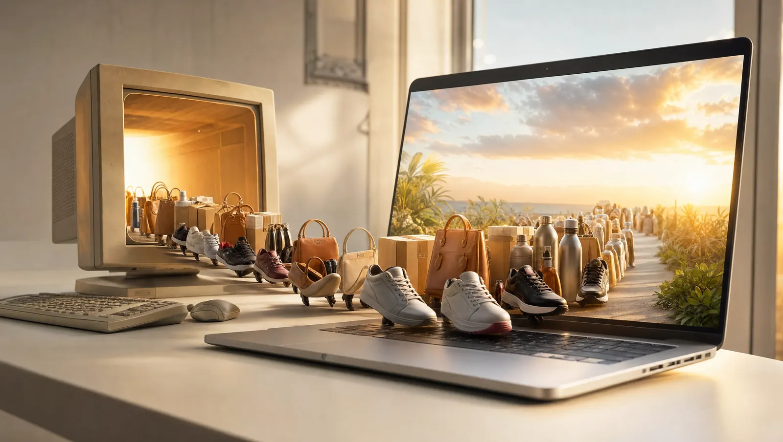KI-generiertes Bild: eine Kolonne von Produkten zieht vom alten Röhrenmonitor in einen neuen Laptop