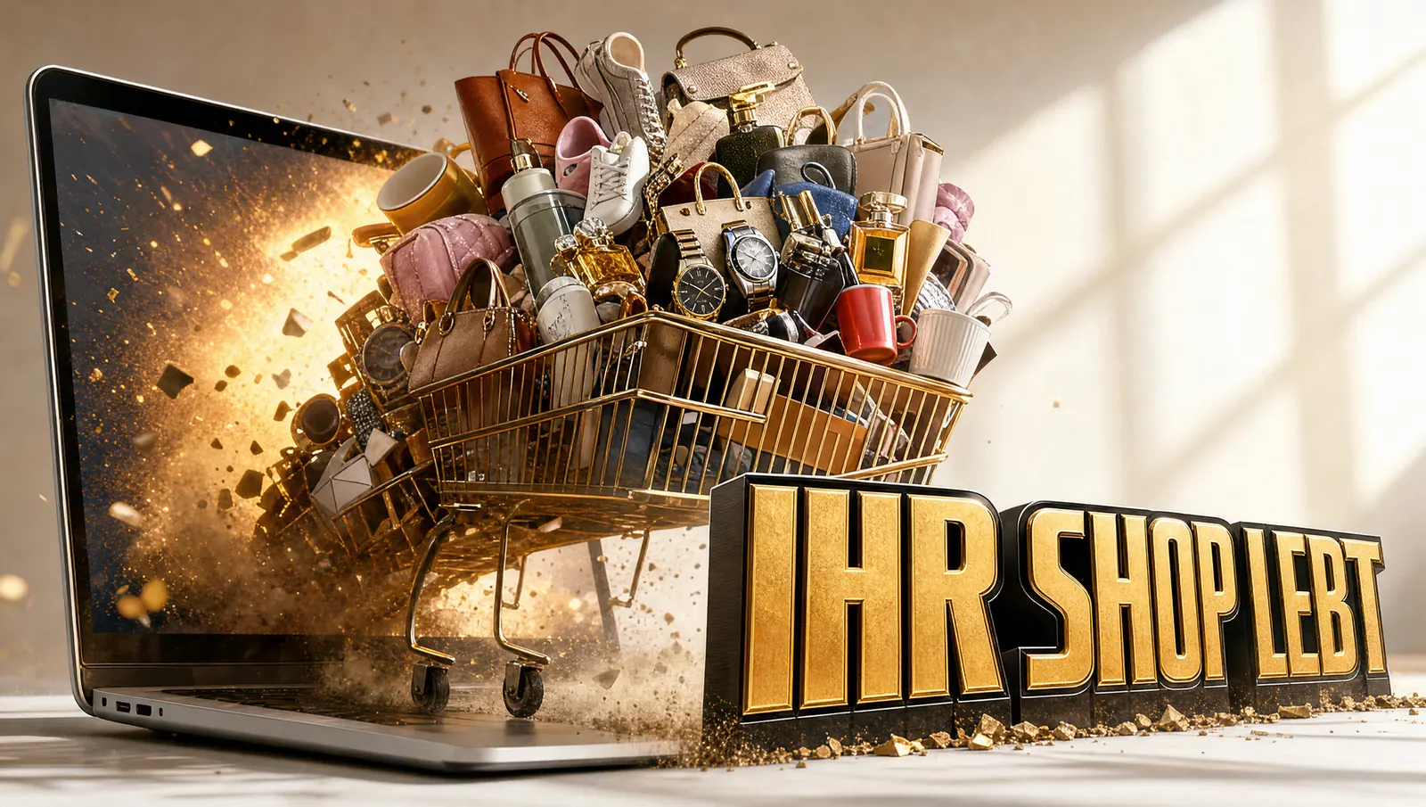 KI-generiertes Bild im Filmplakat-Stil: Produkte formen einen Einkaufswagen, der aus einem Laptop rollt, Schriftzug „Ihr Shop lebt“