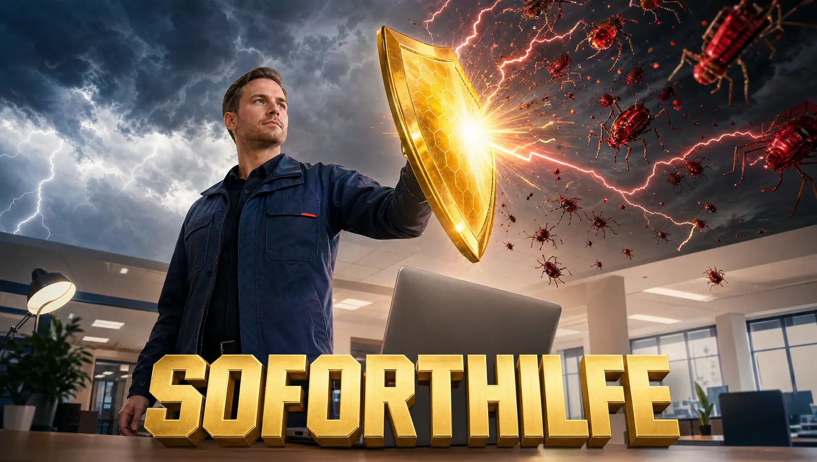 KI-generiertes Bild im Filmplakat-Stil: Techniker hält einen goldenen Schild gegen digitale Störungen, Schriftzug „Soforthilfe“