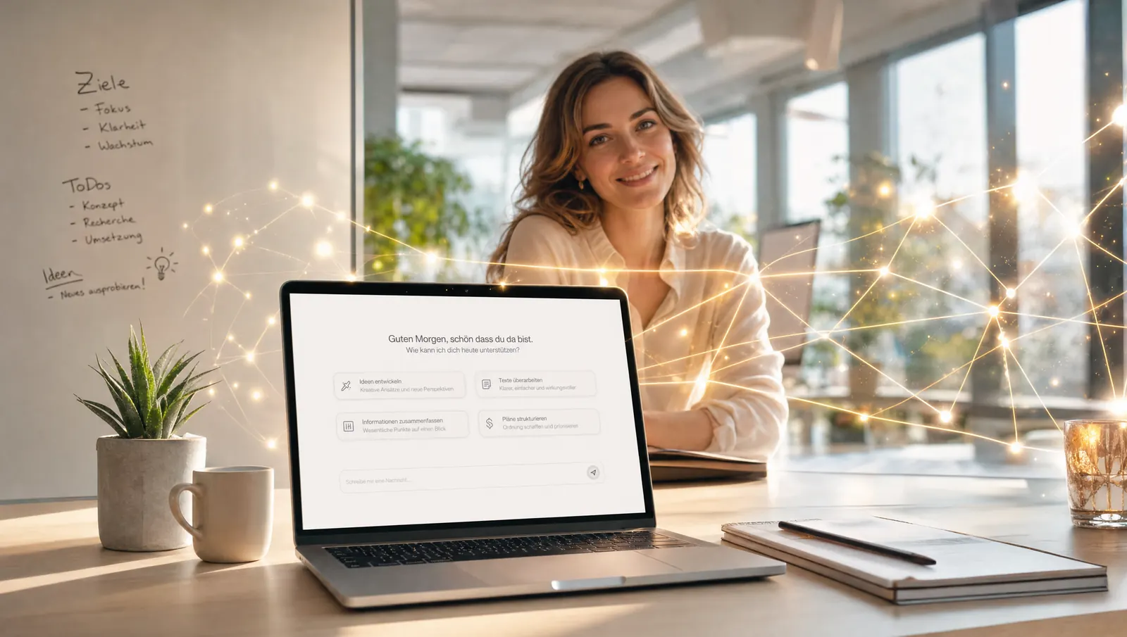 KI-generiertes Bild: Laptop mit KI-Assistent, darüber ein Netz aus goldenen Lichtpunkten