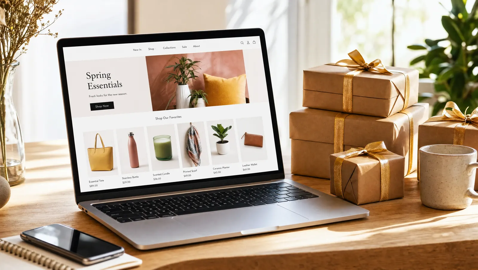 KI-generiertes Bild: Laptop mit modernem Onlineshop neben Paketen mit goldenem Band