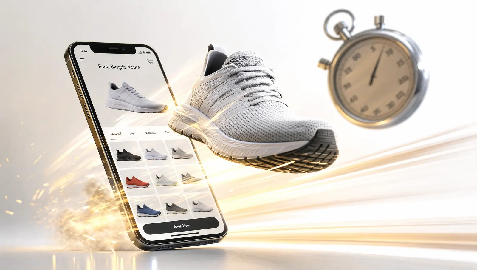 KI-generiertes Bild: ein Laufschuh sprintet mit Lichtspuren aus einem Smartphone, daneben eine Stoppuhr