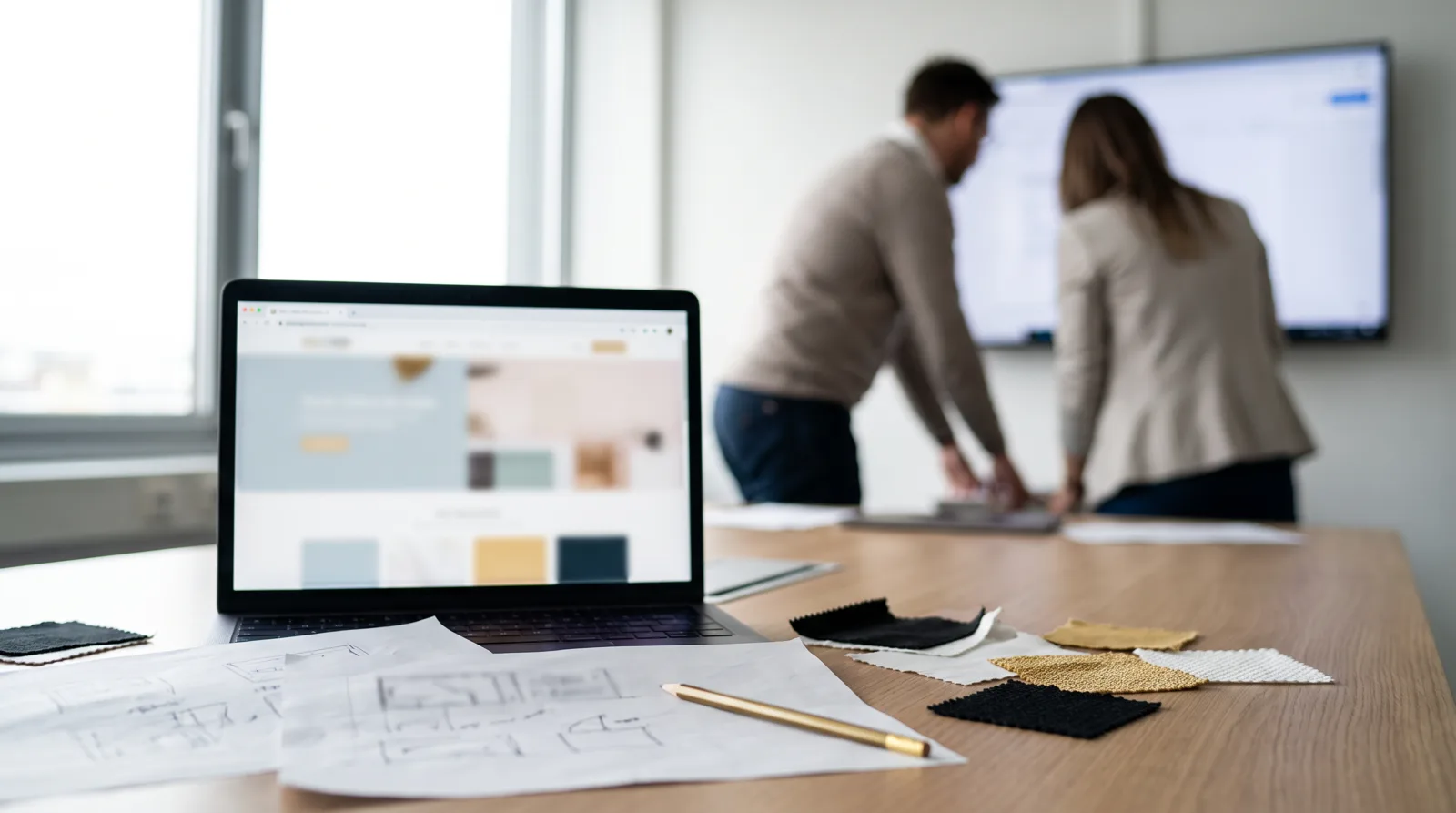 KI-generiertes Bild: Laptop mit Website-Entwurf, daneben Papierskizzen, Goldstift und Farbmuster, im Hintergrund besprechen zwei Personen einen Bildschirm