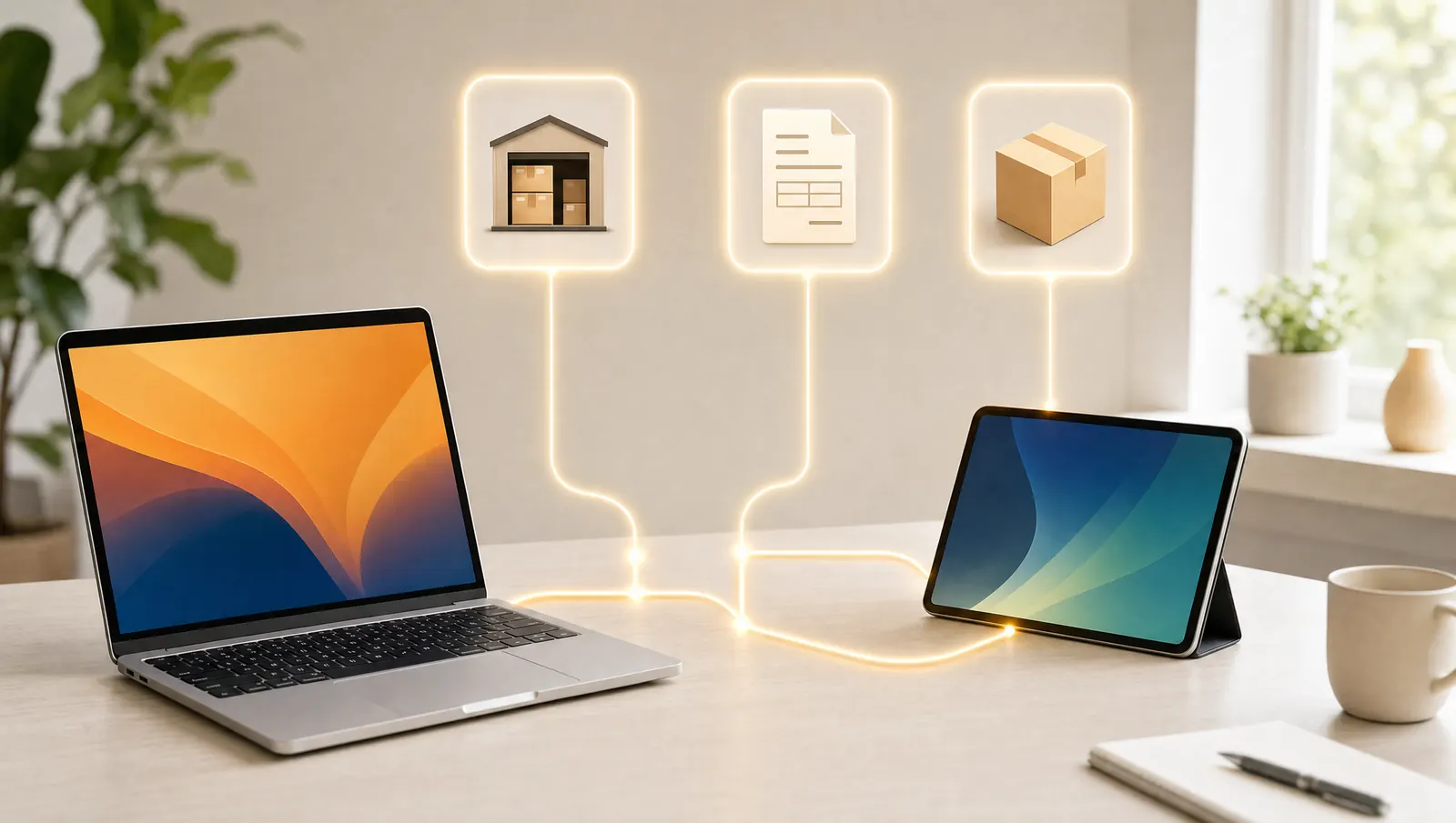 KI-generiertes Bild: Laptop und Tablet, mit goldenen Linien verbunden zu Lager, Rechnung und Paket