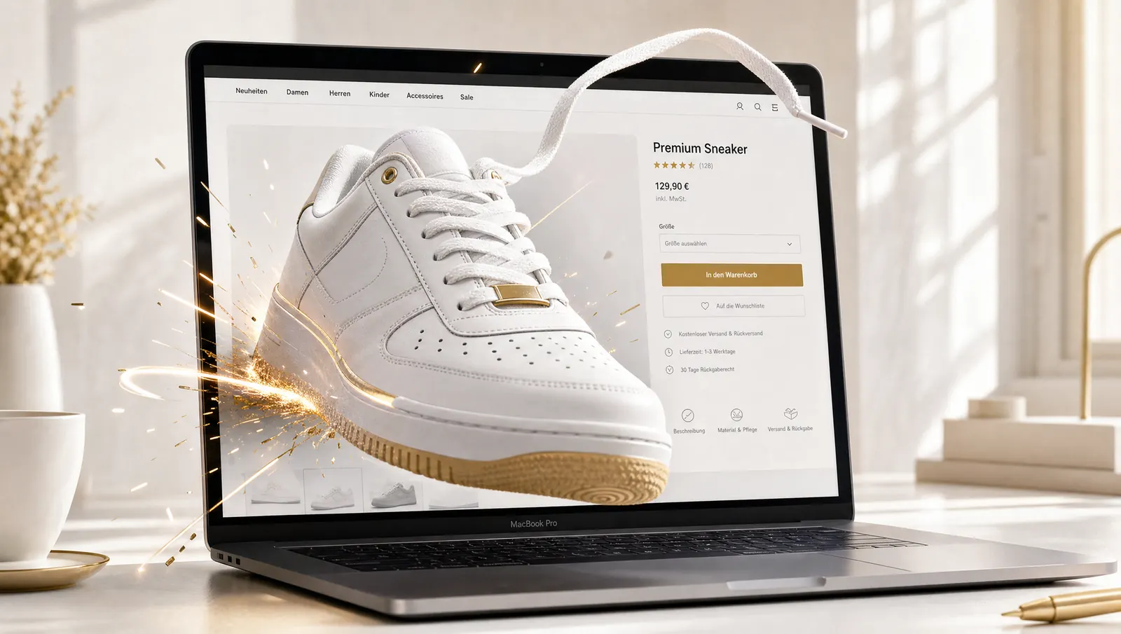 KI-generiertes Bild: ein weißer Sneaker tritt plastisch aus dem Bildschirm eines Laptops heraus