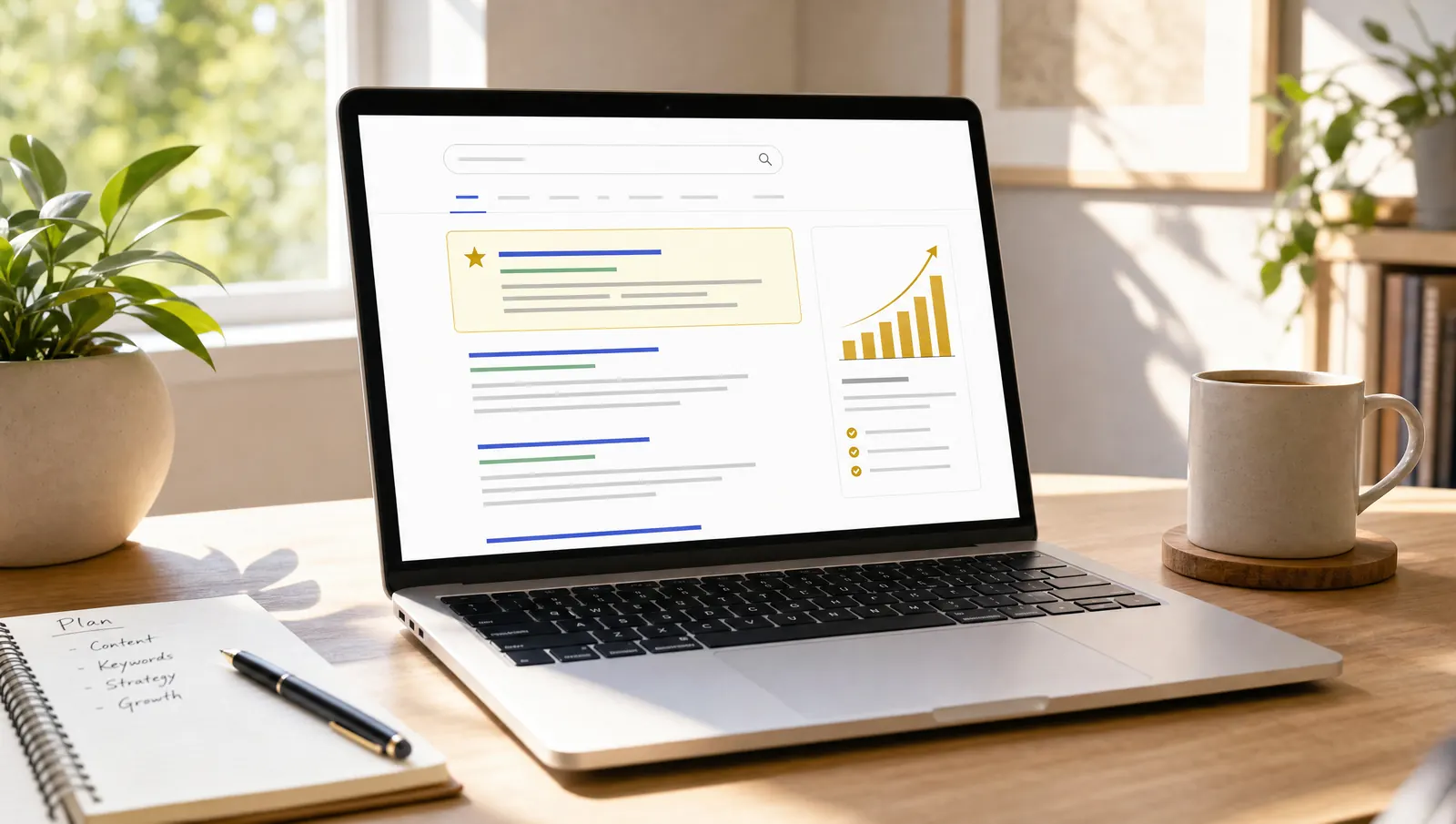 KI-generiertes Bild: Laptop mit Suchergebnissen und steigender goldener Kurve