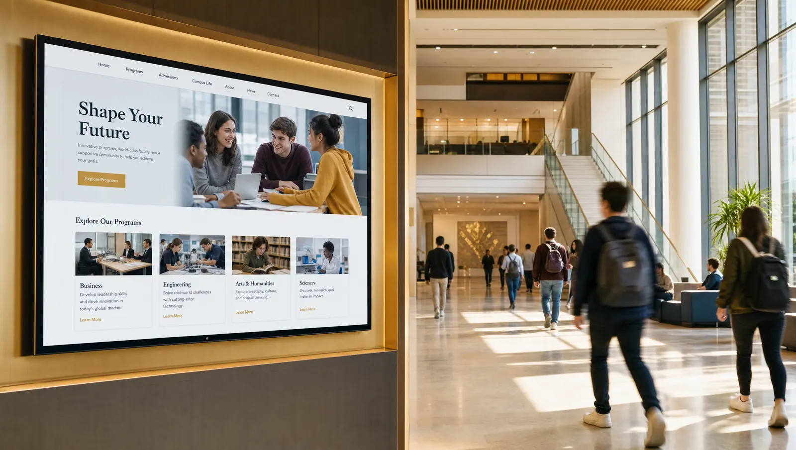 KI-generiertes Bild: Foyer einer Hochschule mit großem Bildschirm, der eine Website zeigt
